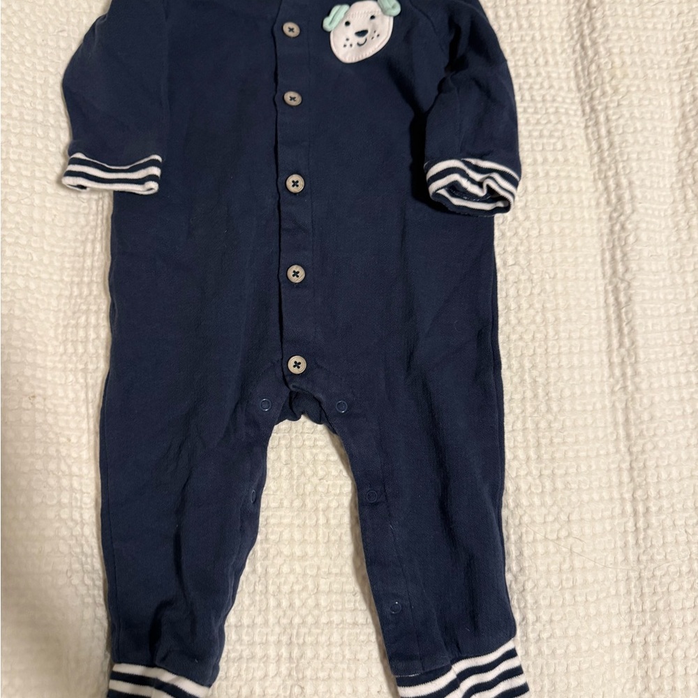 Little Me Navy Blue Footie with Striped Cuffs
